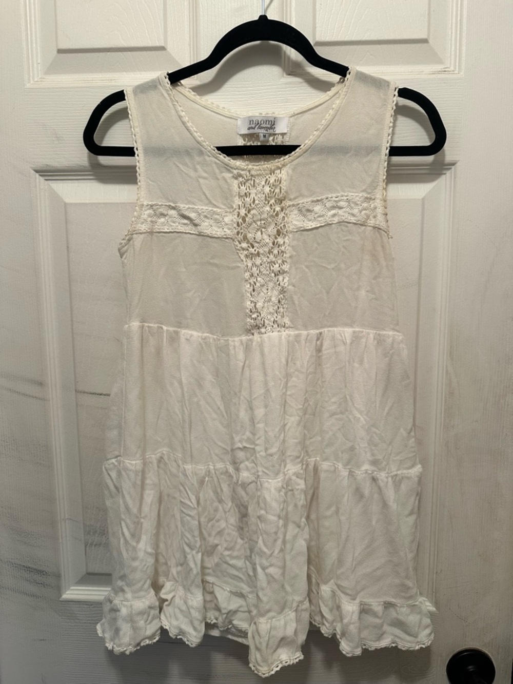 Cream Crochet Lace Accent Dress with Tiered Skirt. Summer Coquette Vintage